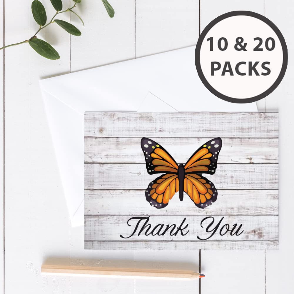 Monarch Butterfly Thank You Blank Note Greeting Cards | 20 Pack Bulk Set (4X6)