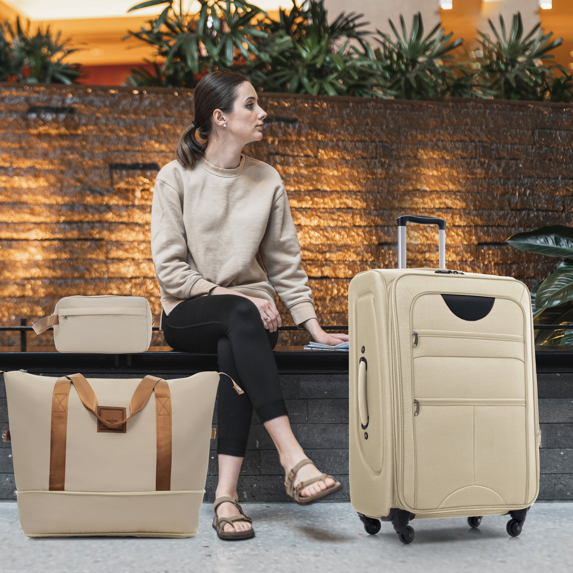 Euroco 5 Piece Softside Luggage Set,Expandable Suitcase Set with Duffel Bag,TSA Lock and Spinner Wheels,Lightweight Travel Suitcase for Men Women,Khaki