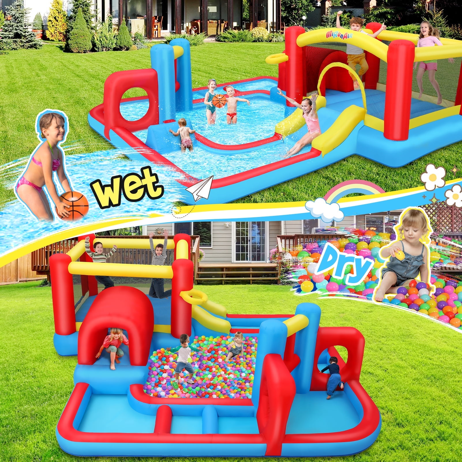 Inflatable Water Slide, Kids Bounce House Castle Splash Pool for 3-8, Backyard Bouncy Castle with 520W Blower,Basketball Hoop,Jumping Area, Obstacle and Tunnel