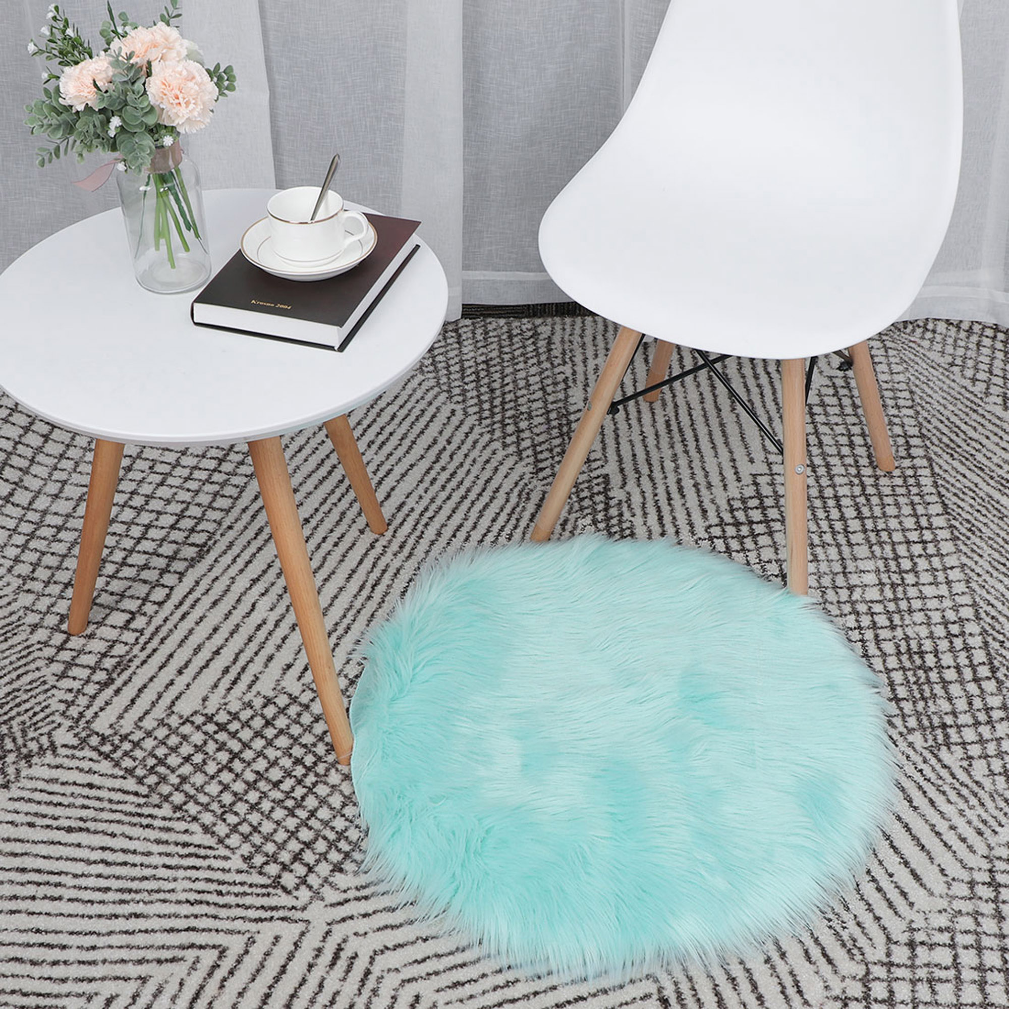 PiccoCasa Soft Faux Sheepskin Plush Rectangle Area Rug Indoor, 2 feet Round, Light Blue