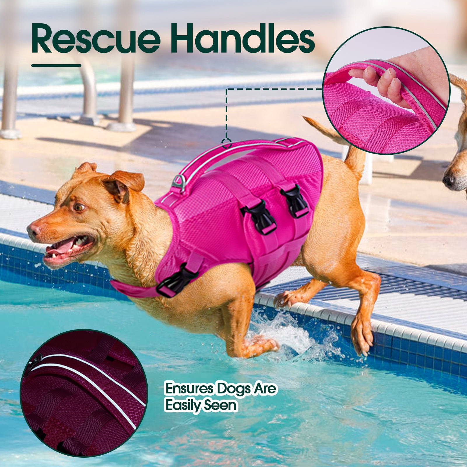 Kuoser Dog Life Jacket, Reflective Life Vest with Rescue Handle for Small Medium Large Dogs, Rosered, S