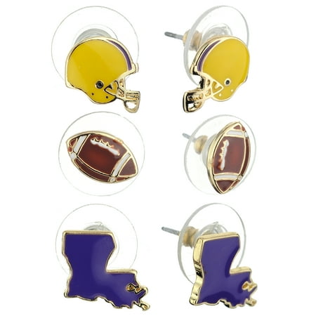 Enamel Football - Women's Epoxy Enamel College Football State Theme Set Pierced Stud Earrings, Louisiana, Purple/Gold-Tone