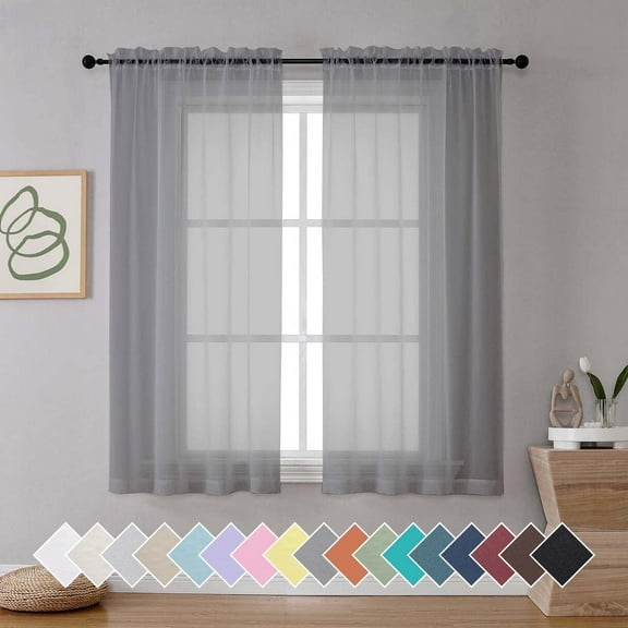 OVZME Sheer Window Curtains 63 inch Length 2 Pcs-Living Room Curtain Panels Voile Textured Soft and Lightweight Window Treatments for Bedroom Decor, 42W x 63L inches, Charcoal Grey