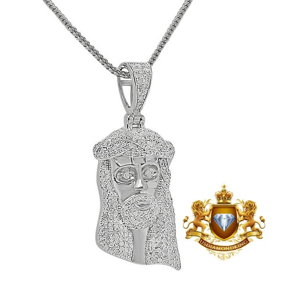 Real Genuine Diamond 0.85 Cwt. Jesus Face Piece 10K White Gold Pendent Charm Chain Set 1.75''