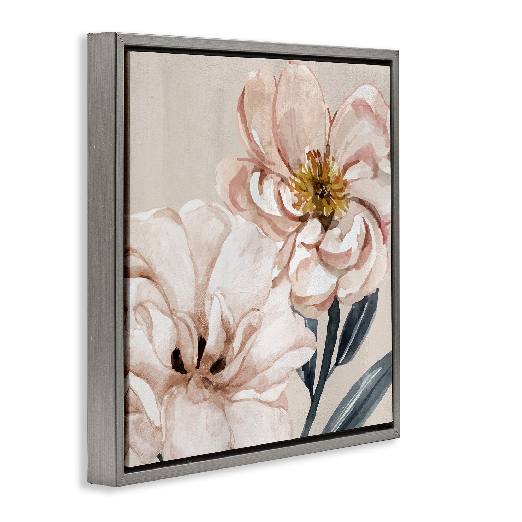 Stupell Industries Organic Pink Poppy Petals Botanical & Floral Painting Gray Floater Framed Canvas Art Print Wall Art, 18 x 18