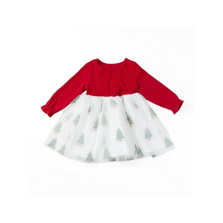 

Genuiskids Toddler Baby Girl Dress Christmas Tree Print Casual Button Crew Neck Long Sleeves Princess Dress