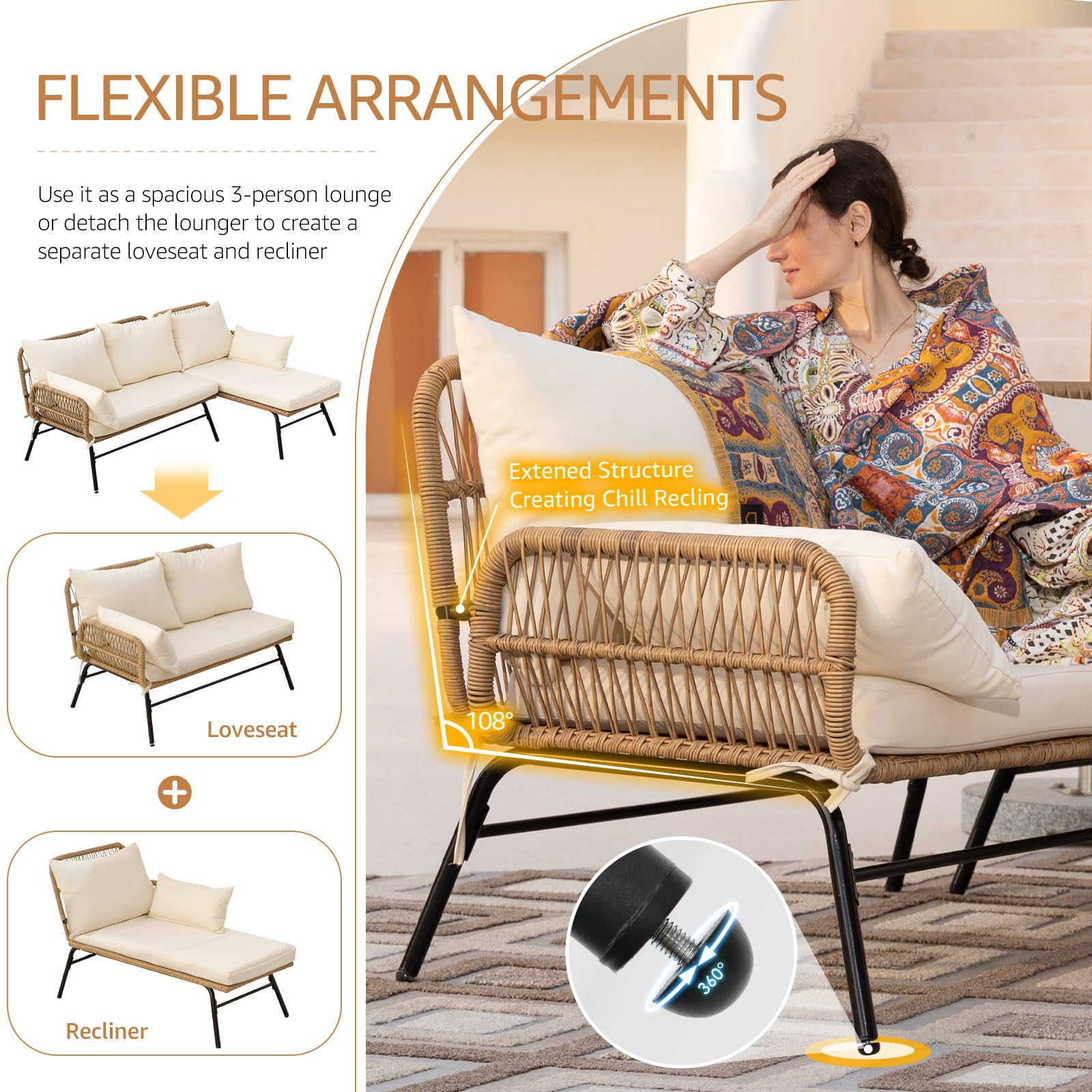 RADIATA 3-Piece Patio Boho Furniture Set with Ajustable Feet, Boho Outdoor Conversation Set with Table, Sofa Seating Set with Thick Cushion for Backyard Lawn Garden, Beige