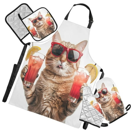 

5 Pcs Kitchen Set Heat Resistant Oven Mitts and Non-Slip Pot Holders with Adjustable Cooking Apron Cool Cat with Drinks