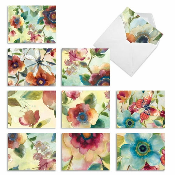10 All Occasion Blank Note Cards Assorted (4 x 5.12 Inch) - WATERCOLOR BOTANICALS M3314