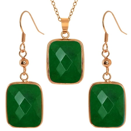 Jadelite Faceted Green Color Oblong Pendant and Earrings Set With 18" Chain
