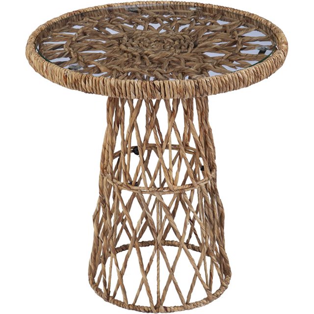 Table d'Appoint Ronde en Rotin avec Plateau en Verre Rond en Naturel