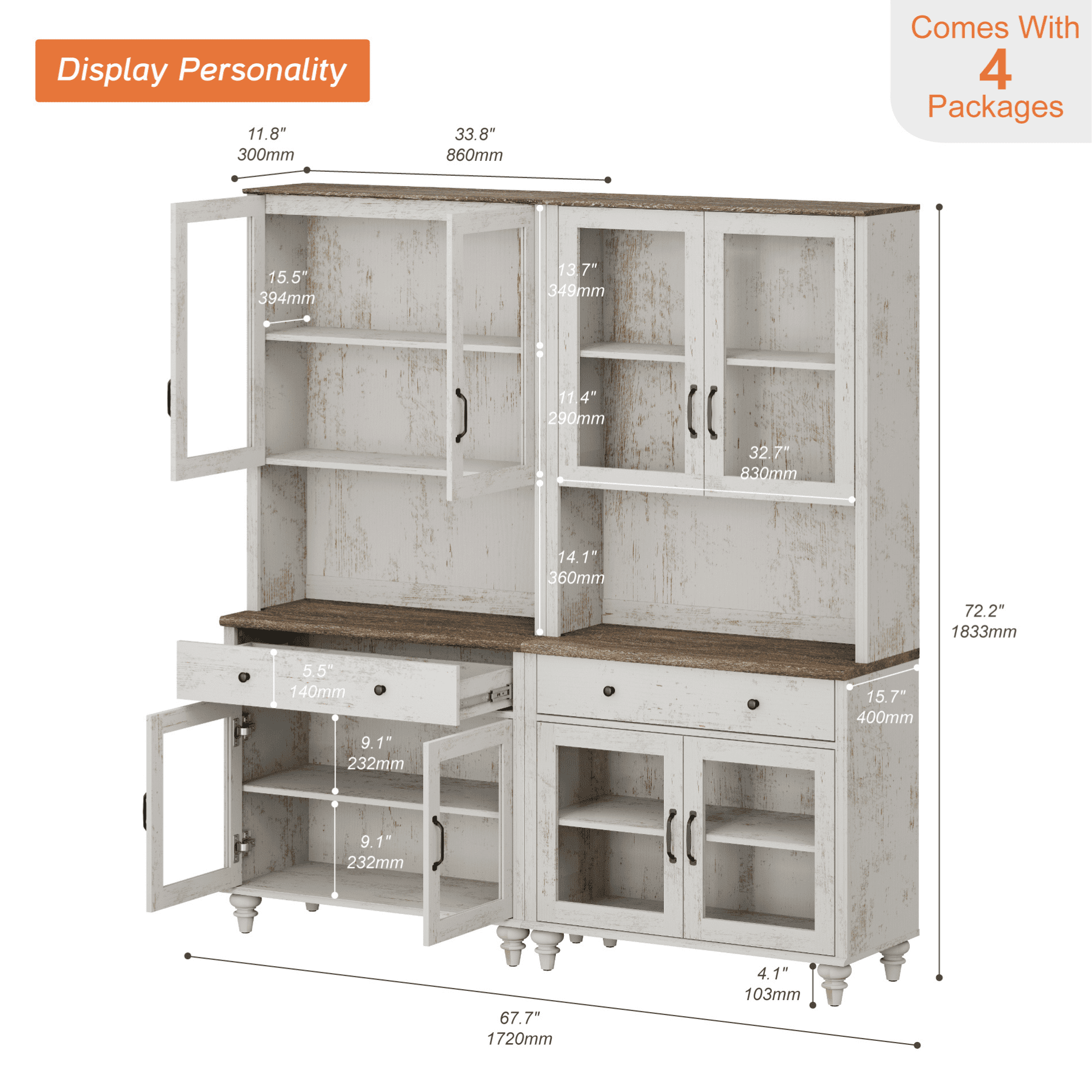 72.1"H × 67.7"W Bookcase with Glass Doors and Drawer, Large Farmhouse Bookcase with Bar Hutch, Suitable for Living Room, Bedroom, Home Office & Kitchen, Rustic white