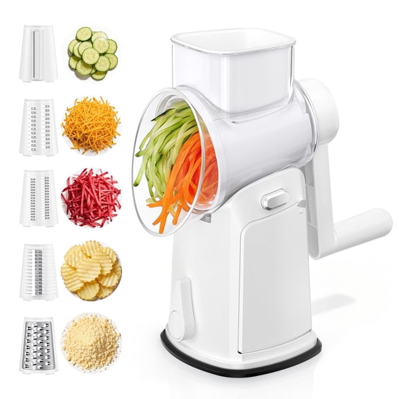 TINANA Rotary Cheese Grater with Hand Crank, Vegetable Slicer & Shredder with 5 Replaceable Blade Sets (10-Piece), Strong Suction Base, Easy Clean, White