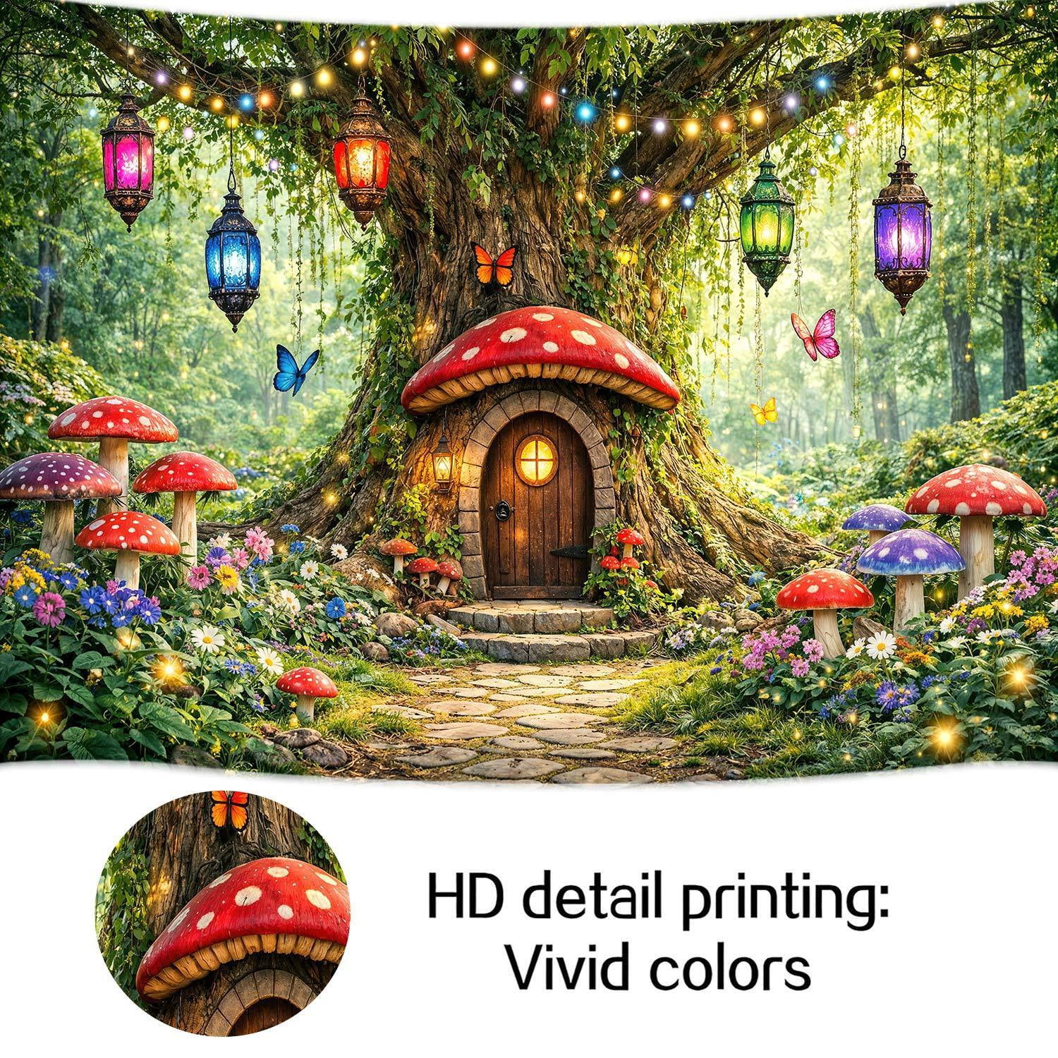 Enchanted Forest Mushroom House Photography Backdrop, Magical Fairy Tree Lantern Butterfly Realistic Background for Kids Birthday Party Baby Shower Photo Booth Decorations Banner, 10x8ft