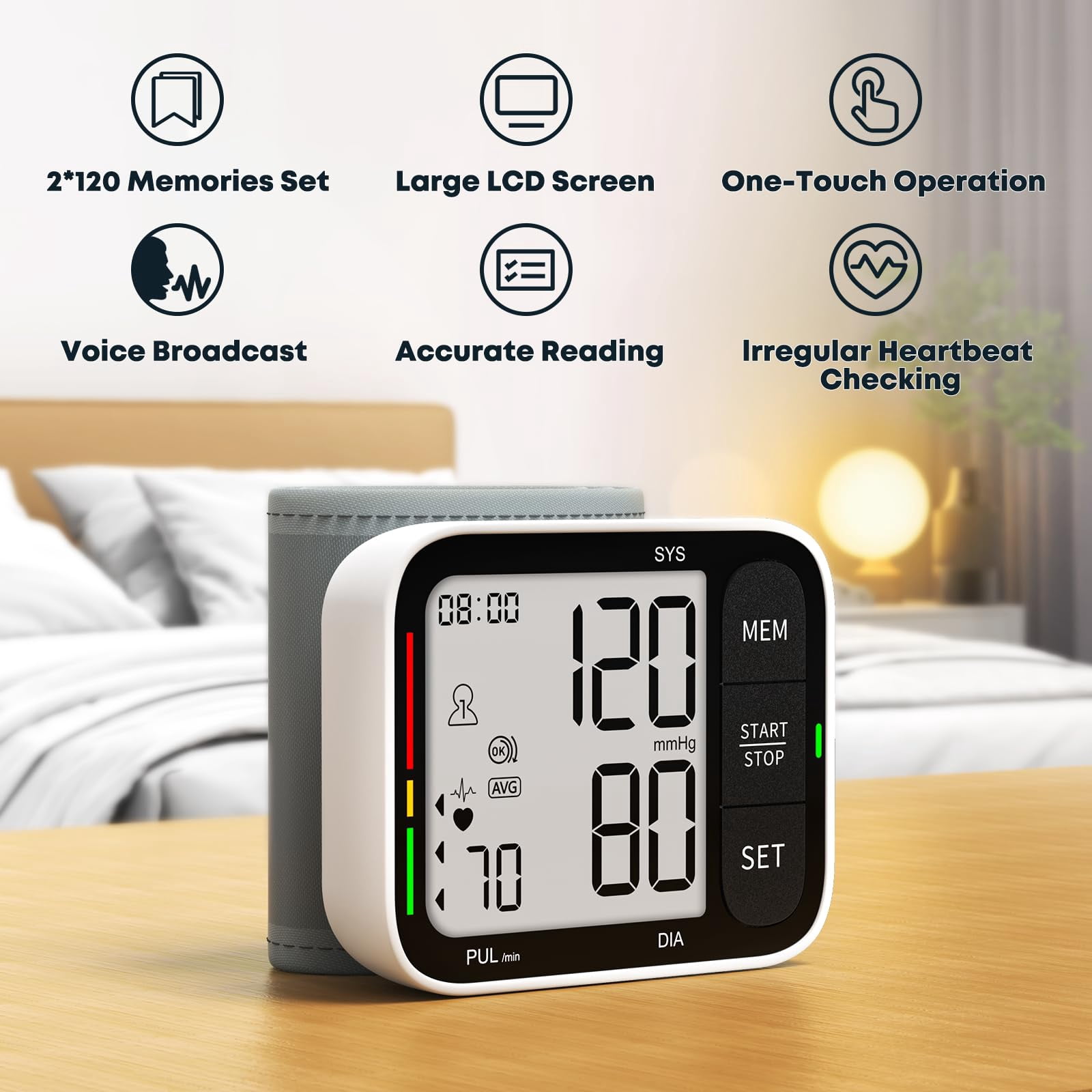Wrist Blood Pressure Monitor, Large LCD Screen & Voice Announcements, Adjustable Cuff (5.3–8.4 in), 2×120 Memory, Irregular Heartbeat Detection, Portable Blood Pressure Monitor for Home, Travel