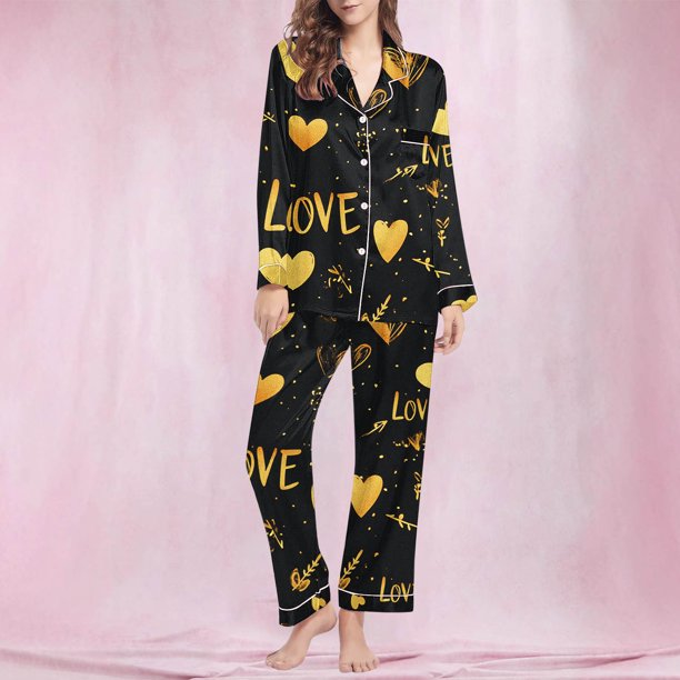 Puntoco Ropa de dormir para mujer Conjunto de pijama con cuello vuelto, manga larga y estampado de amor para el día de San Valentín para mujer
