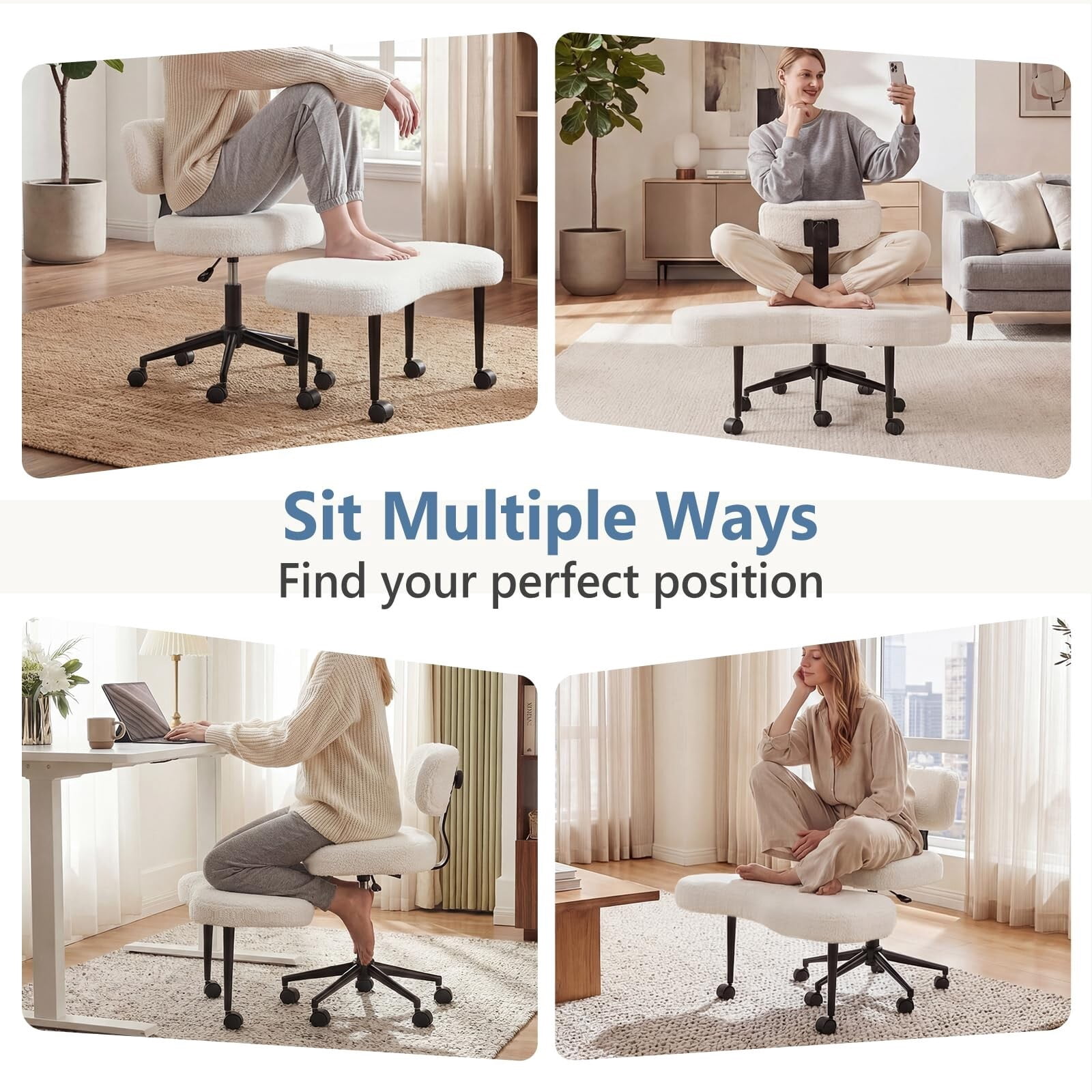 Kelno Cross Legged Meditation Chair with 360° Swivel Footrest Adjustable Backrest Ergonomic Teddy Fleece Office Chair, White