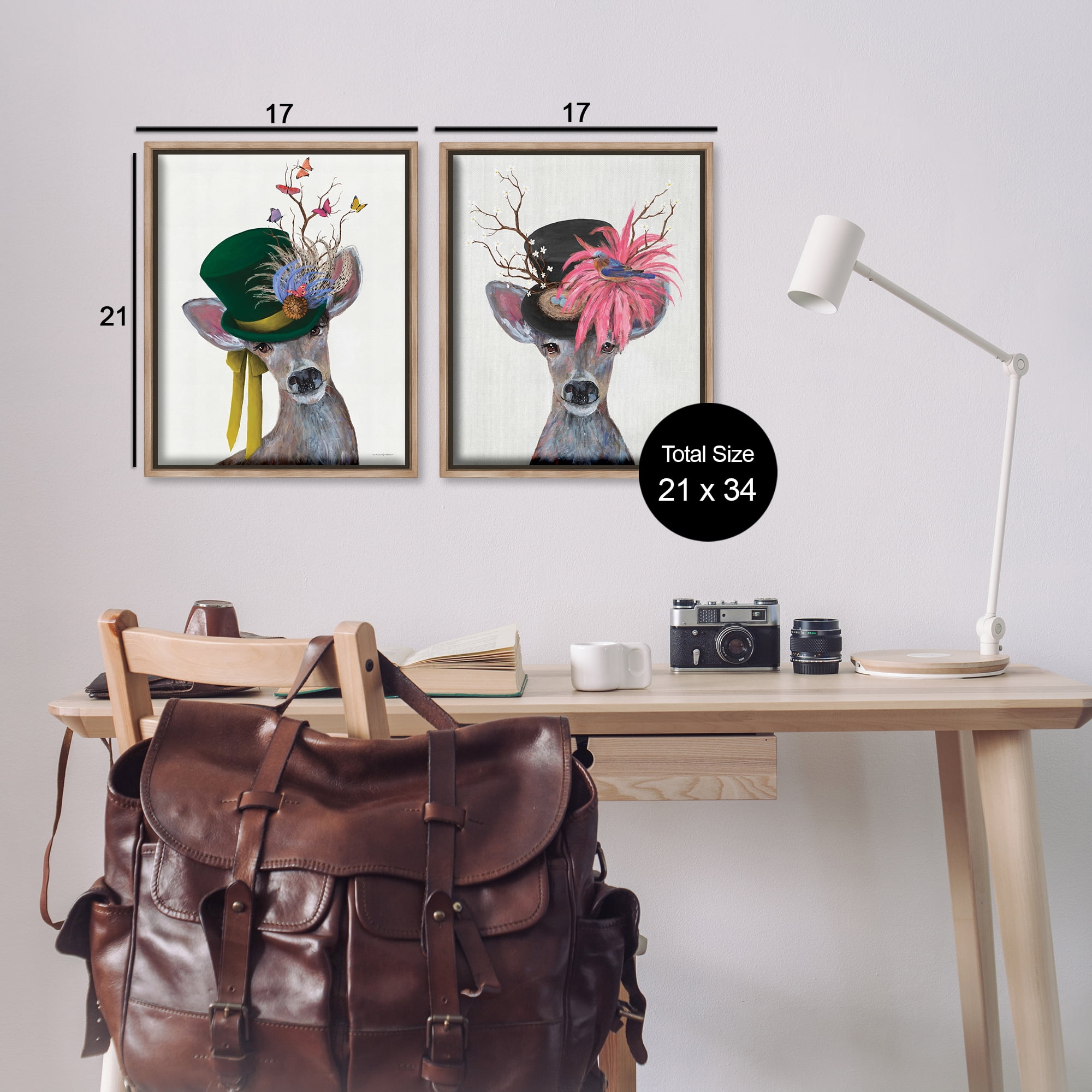 Stupell Industries Dapper Deer Floral Top Hat Animals Painting Brown Floater Framed Canvas Art Print Wall Art, 17 x 21, Set of 2