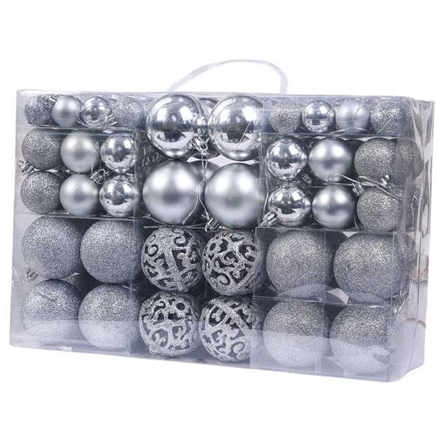 adornos para árboles de navidad 100 uds Macarena bolas colgantes 3/4/6cm paquete con 100 esferas plateadas de 3, 4 y 6 cm en acabados mate, brillo y purpurina, organizadas en un estuche transparente con ganchos y lazos para colgar; también usadas con frecuencia como decoración de centros de mesa en bodas y fiestas.