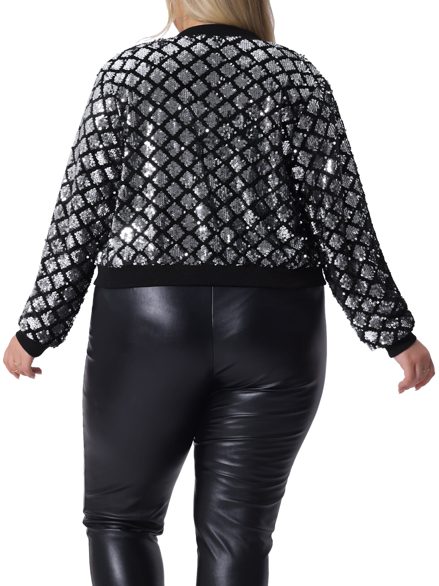 DARING DIVA Women's Plus Sequin Bomber Zipper Long Sleeve Sparkle Jacket 2X silver