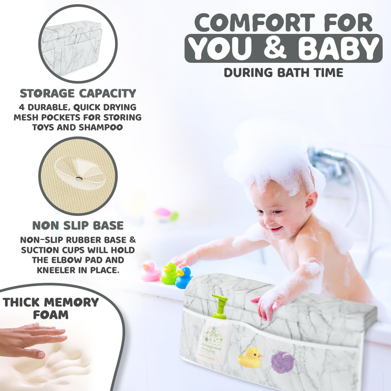Sleepah Bath Kneeler and Elbow Kneeling Rest Pad Set for Baby Bathing – Waterproof Soft  Mat Organizer Foldable Non-Slip for Baby & Toddler Bath Time Toys Sponge Cloth (Marble)
