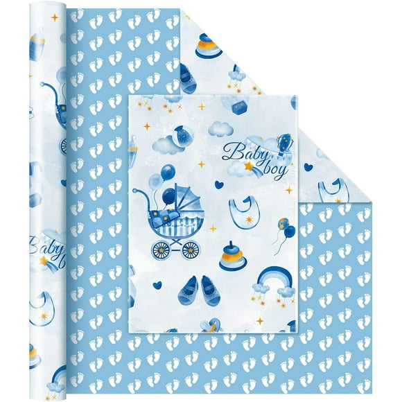 WERNNSAI Baby Wrapping Paper - 1 Roll Boys Birthday Wrapping Paper Baby Shower Wrap Paper Blue Boys 1st Wrapping Paper New Born Birthday Footprint Design