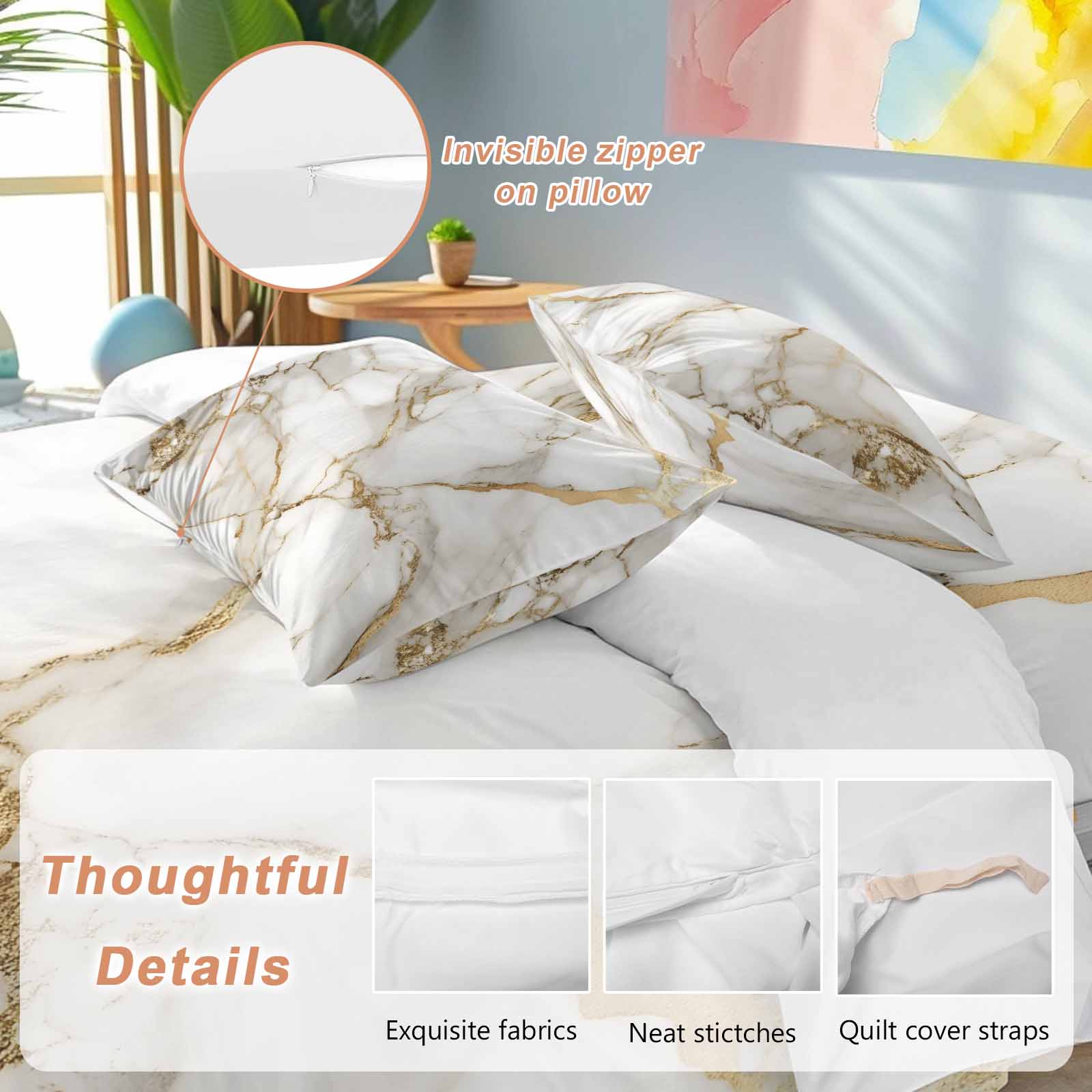 Abstract Duvet Cover Set Queen Size White Marble Pattern Gold Crack Texture Minimalism Soft Lightweight Comforter Covers 4 Piece Bedding Set with 1 Duvet Cover 1 Bed Sheet & 2 Pillow Shams