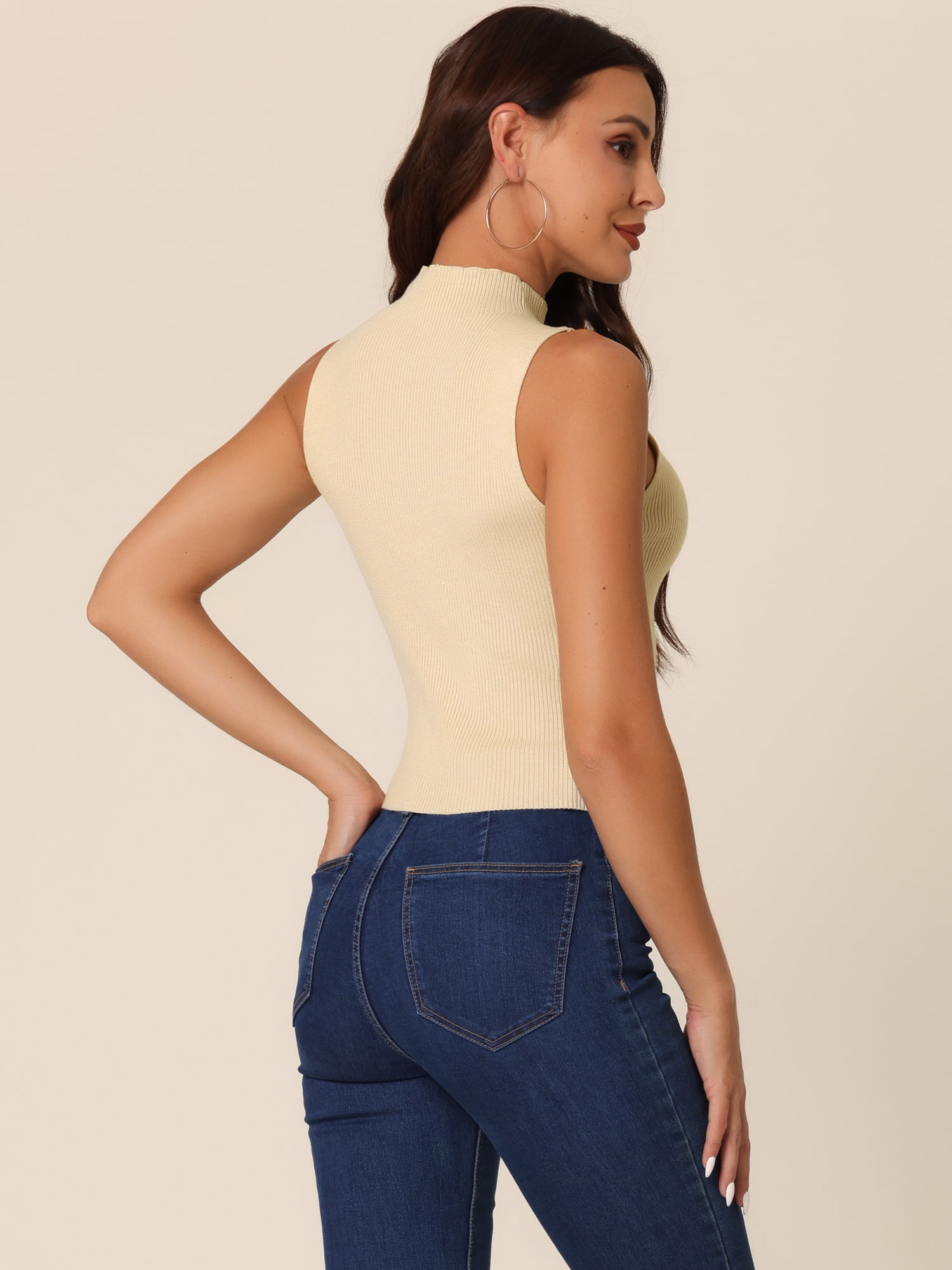 Unique Bargains Women's Mock Neck Knit Sweater Vest Sleeveless Trendy Ribbed Tank Tops M Beige