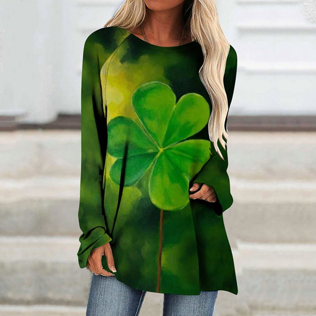 Qiopertar Mode Femme Imprimé Saint-Patrick Hauts Amples Manches Longues T-Shirts Col Rond Blouse Liquidation Livraison Gratuite à Moins de 5$ jusqu'à 90 % de Réduction