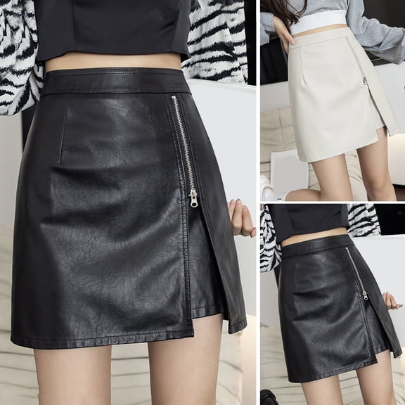 sunsanly Women Mini Skirt High Waist Zipper Split Solid Color Faux Leather Dress-up Irregular Smooth Surface Club Mini Skirt Women Clothes