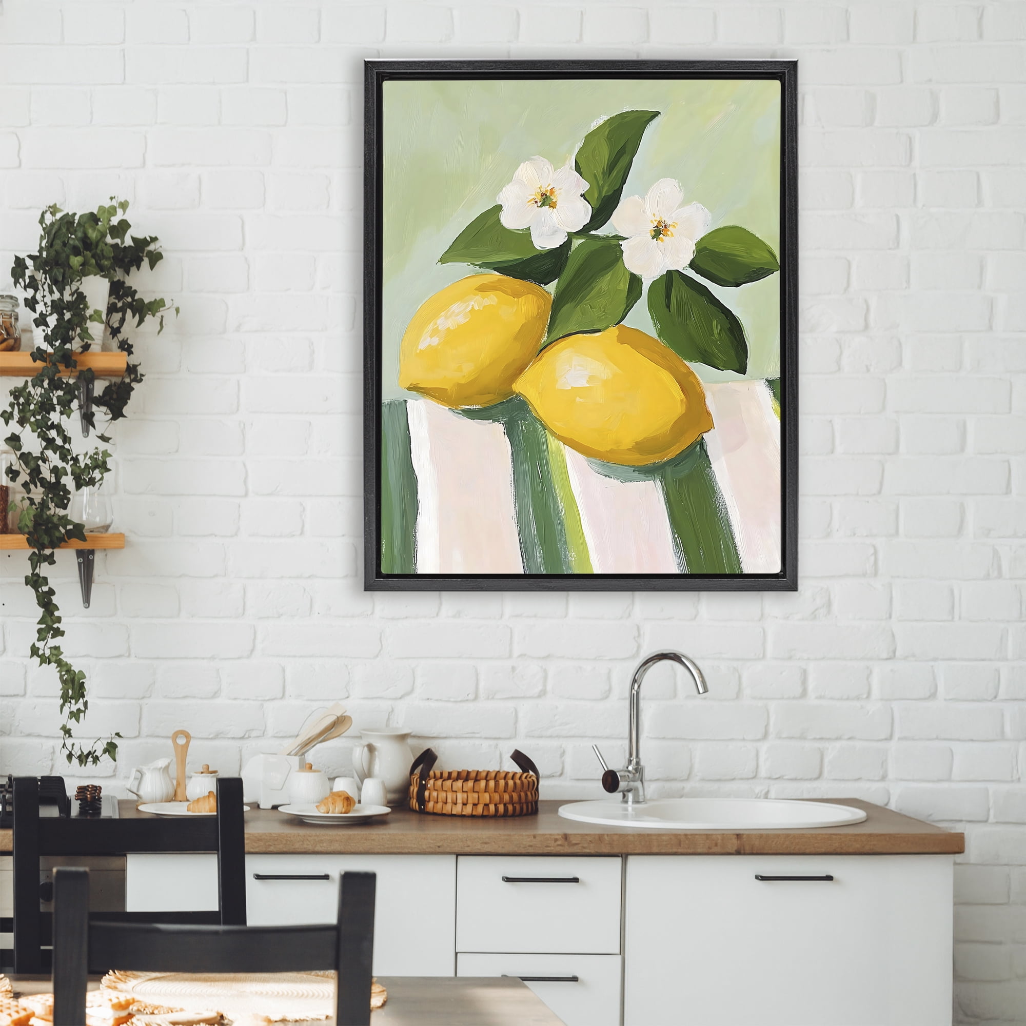 Stupell Industries Lemons And Daisies on Tablecloth Black Framed Floater Canvas Wall Art, design by The Prints Vibe