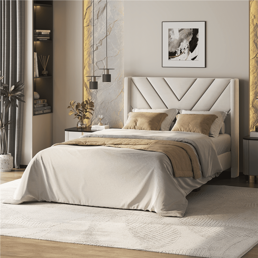 Renwick Upholstered Platform Bed with Wooden Slat Support and Tufted Headboard for Adult, Twin, Beige