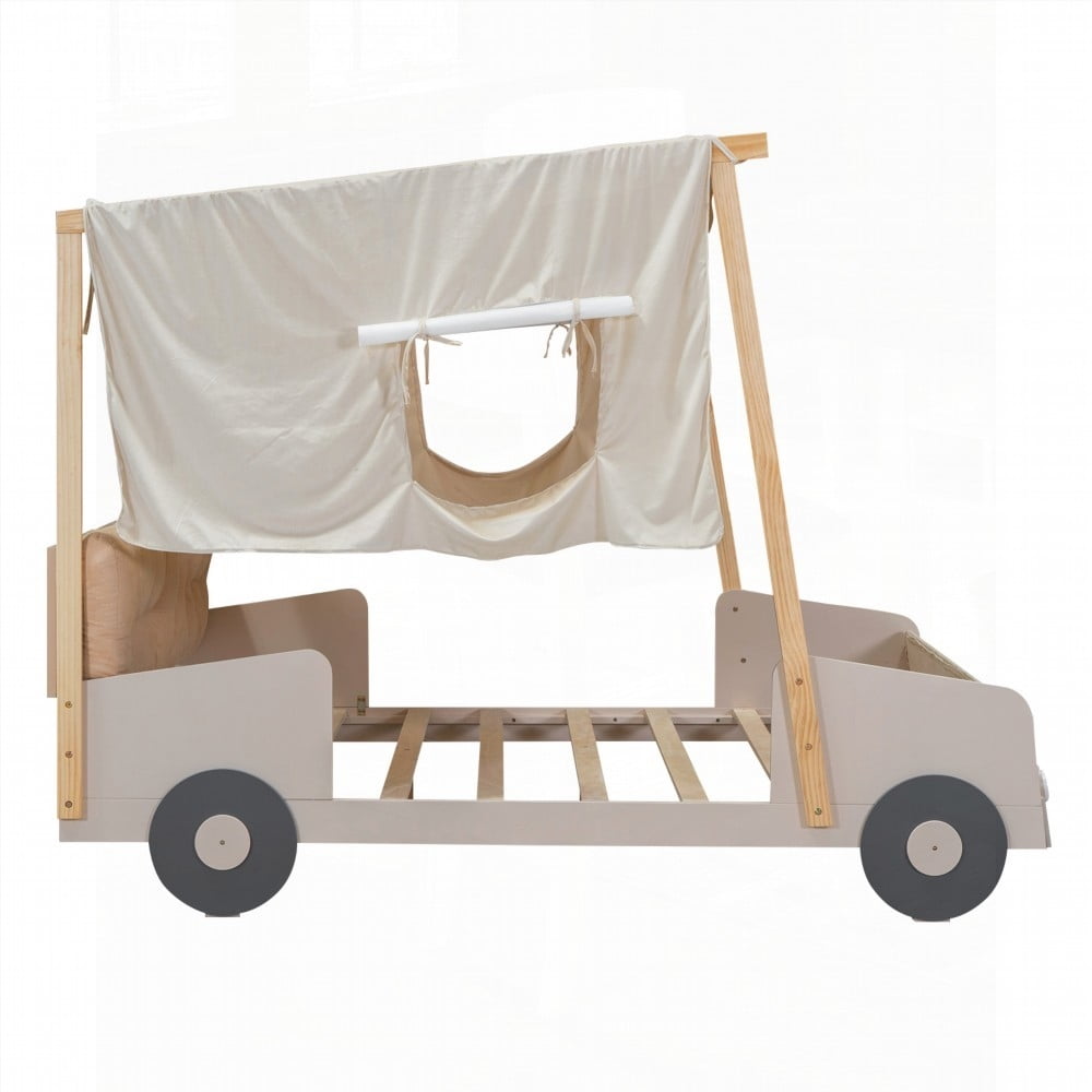 Full Size Wood Car Bed with Pillow & LED Lights, Natural & Sturdy