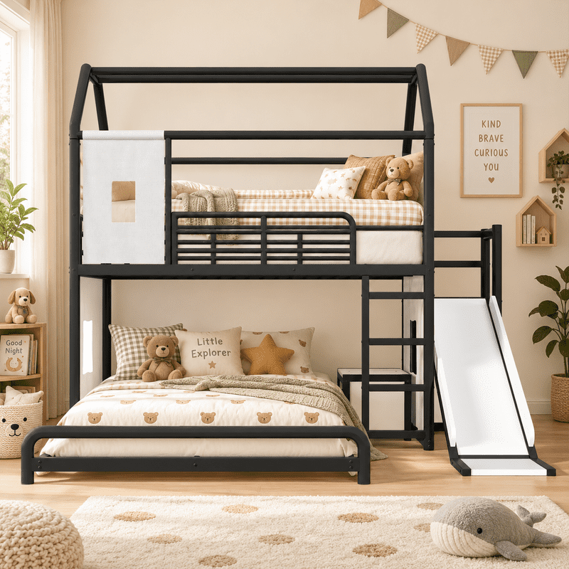Twin over Full Metal Bunk Bed with Slide, Ladder, LED Light Strip, Privacy Curtain, Movable Storage Cabinet & Hanging Rod, House Shaped Kids Bunk Bed