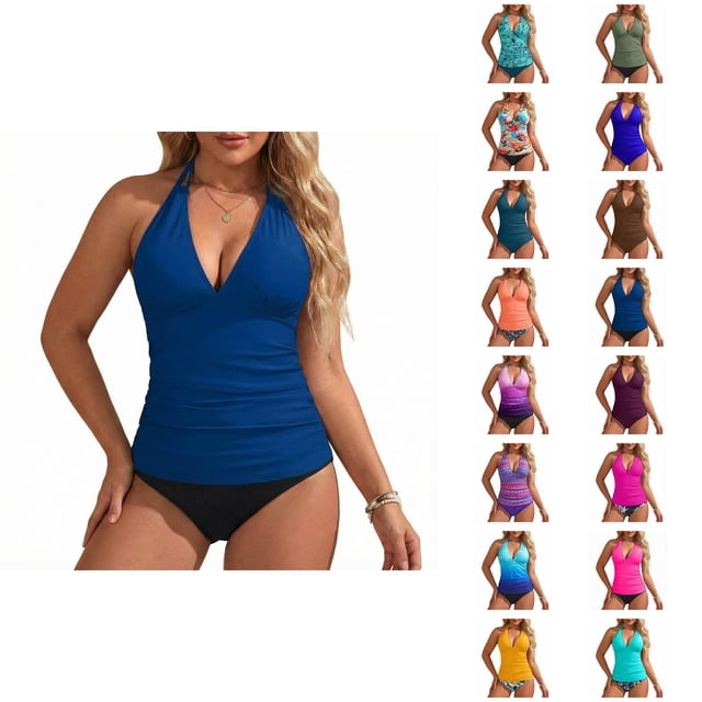 Womens Tankini Swimsuits Fashion Deep V Neck Slimming Tummy Control with High Waisted Bottom Two Piece Bathing Suits Woman