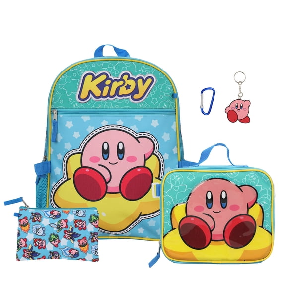 Kirby 5-Piece Set: 16 Backpack Lunchbox Utility Case Rubber Keychain and Carabiner