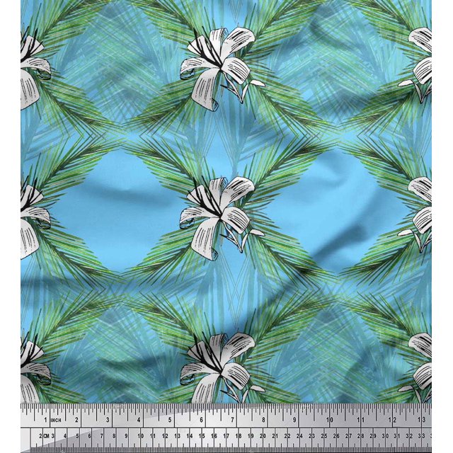 Soimoi Blue polyester Crepe Fabric Pine & Leaves Print Sewing Fabric Yard 42 Inch Wide