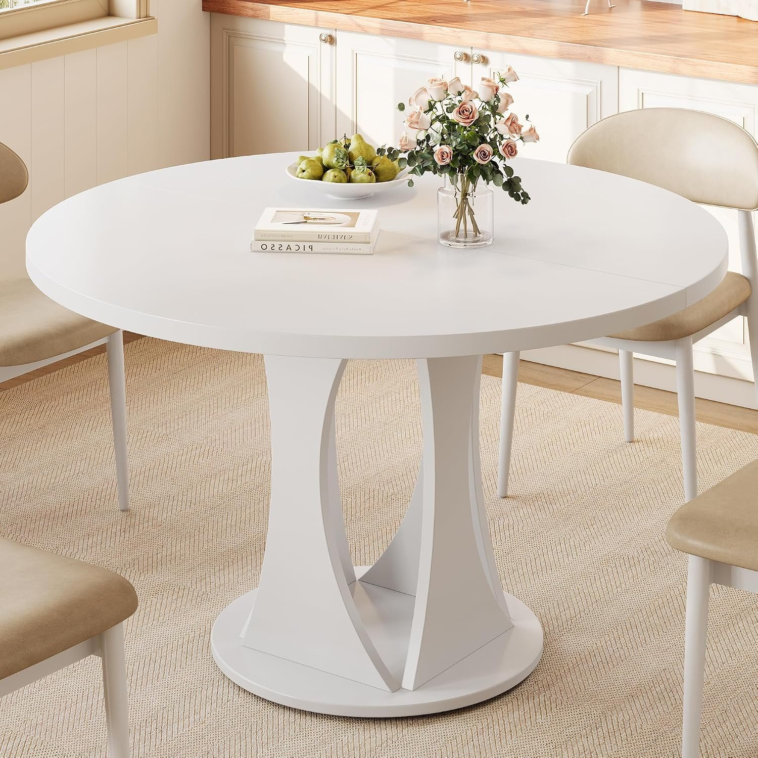 Round Dining Table for 4-6 with Sturdy Double Arc & Rounded Base & Backboard Clasp Desktop Mid-Century Modern Circle Dinner Table for Dining Living Room Space Saving White