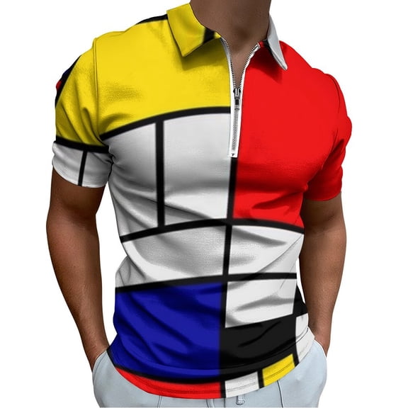 Piet Mondrian Abstract Art Men Zipper T-shirt Summer Casual Short Sleeve T-shirt Top