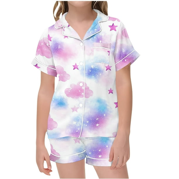 Odeerbi 2-12 Años Niños Niñas Pijama de Satén de Verano Con Solapa Muesca Camisas de Manga Corta Pantalones Cortos Conjunto Suave Gradiente Ropa de Dormir Juegos de Pijamas de Dos Piezas