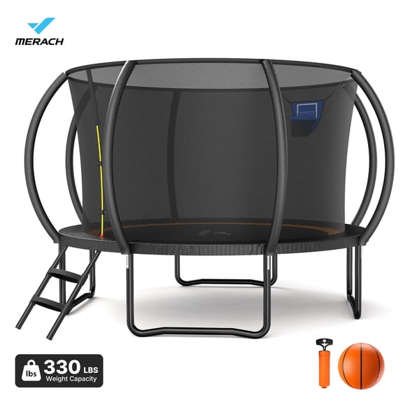 MERACH Round Trampolines, Kids Adults Pumpkin Trampolines with Basketball Hoop, Enclosure Net, Gift, 10'
