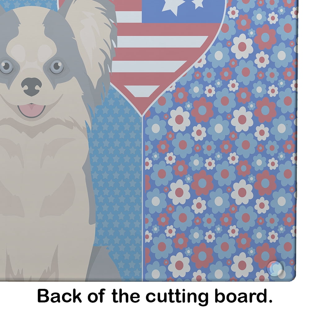 Longhaired Blue and White Chihuahua Glass Cutting Board Large 12 in x 15 in