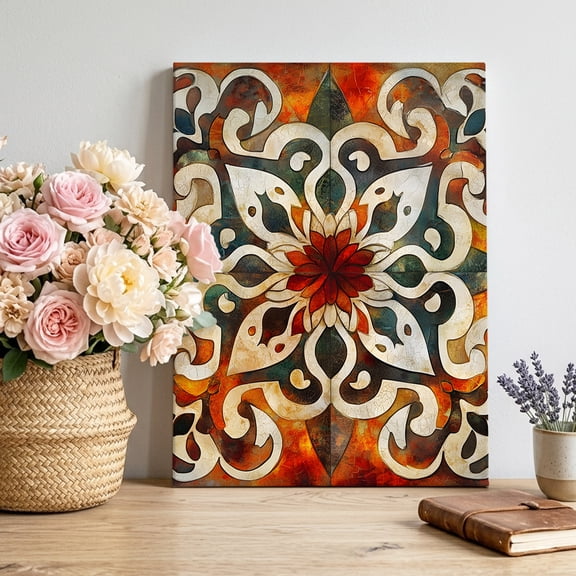 Canvas Wall Art, Burnt Orange Green Framed Canvas Prints for Bedroom Living Room, Vintage Abstract Flowers Gallery Wrapped Wall Decor for Home Office, Gifts, 12"x18" Ship Next Day