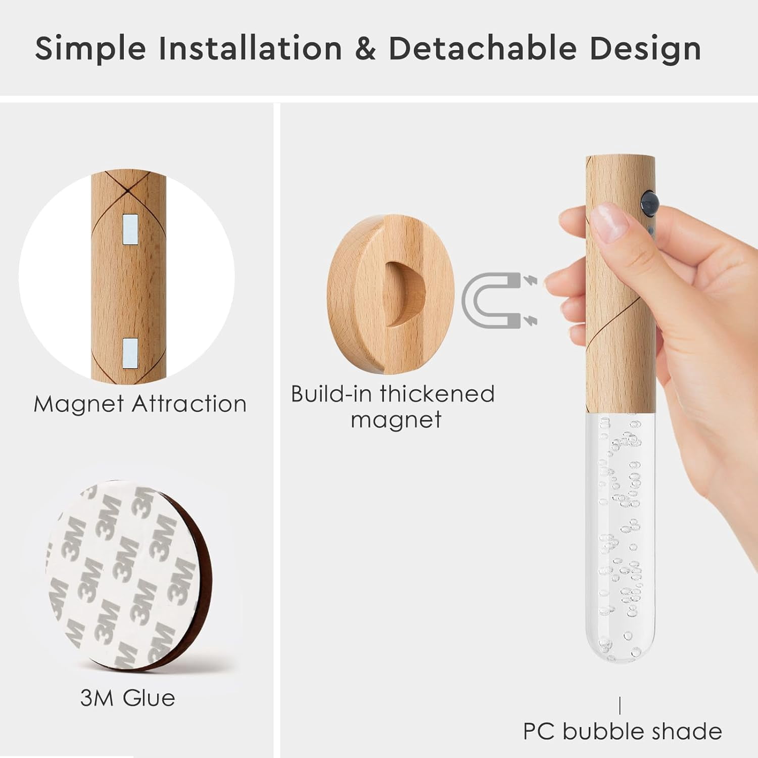 Wall Sconces Set of Two Battery Operated, Motion Sensor Night Light Battery Powered Sconce Rechargeable Wall Sconce, Peel and Stick Sconce Lights for Stair Hallway (White Ash Wood-Bubble)
