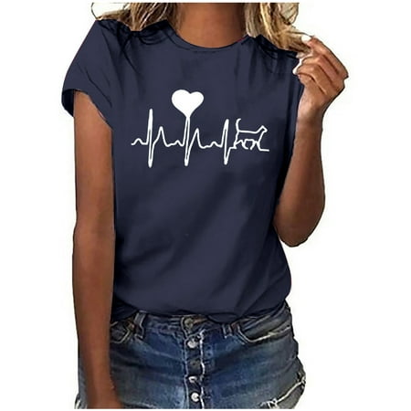 

Womens Work Tops Girls Short Sleeve Out Blouse Funny Print Shirt T-Shirt Tops Shirts for Women Navy S