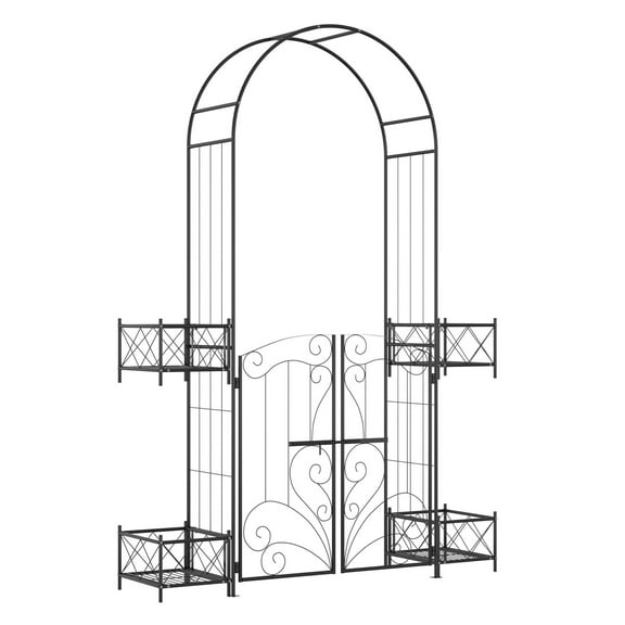 Metal Garden Arbor with Planter Boxes, Double Door Arch Trellis for Wedding & Outdoor Events - Black