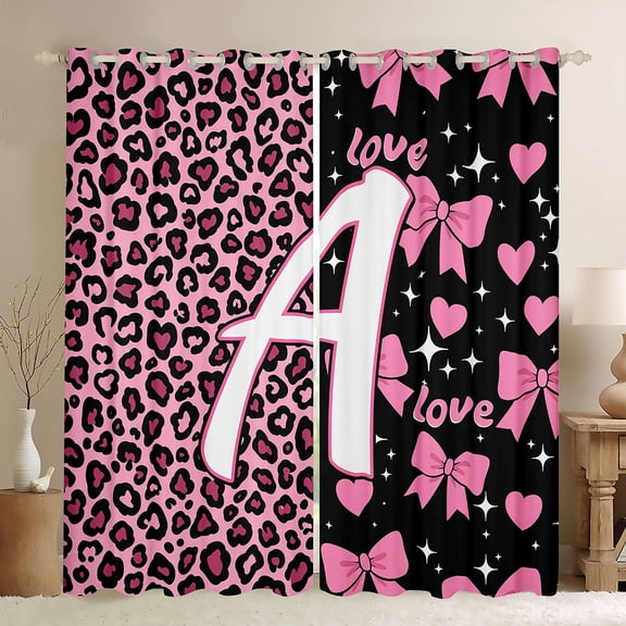 Erosebridal Leopard Print A Letter Black Out Curtains for Girls, Black Pink Bowknot Curtains Pack of 2 (42x63 Each)
