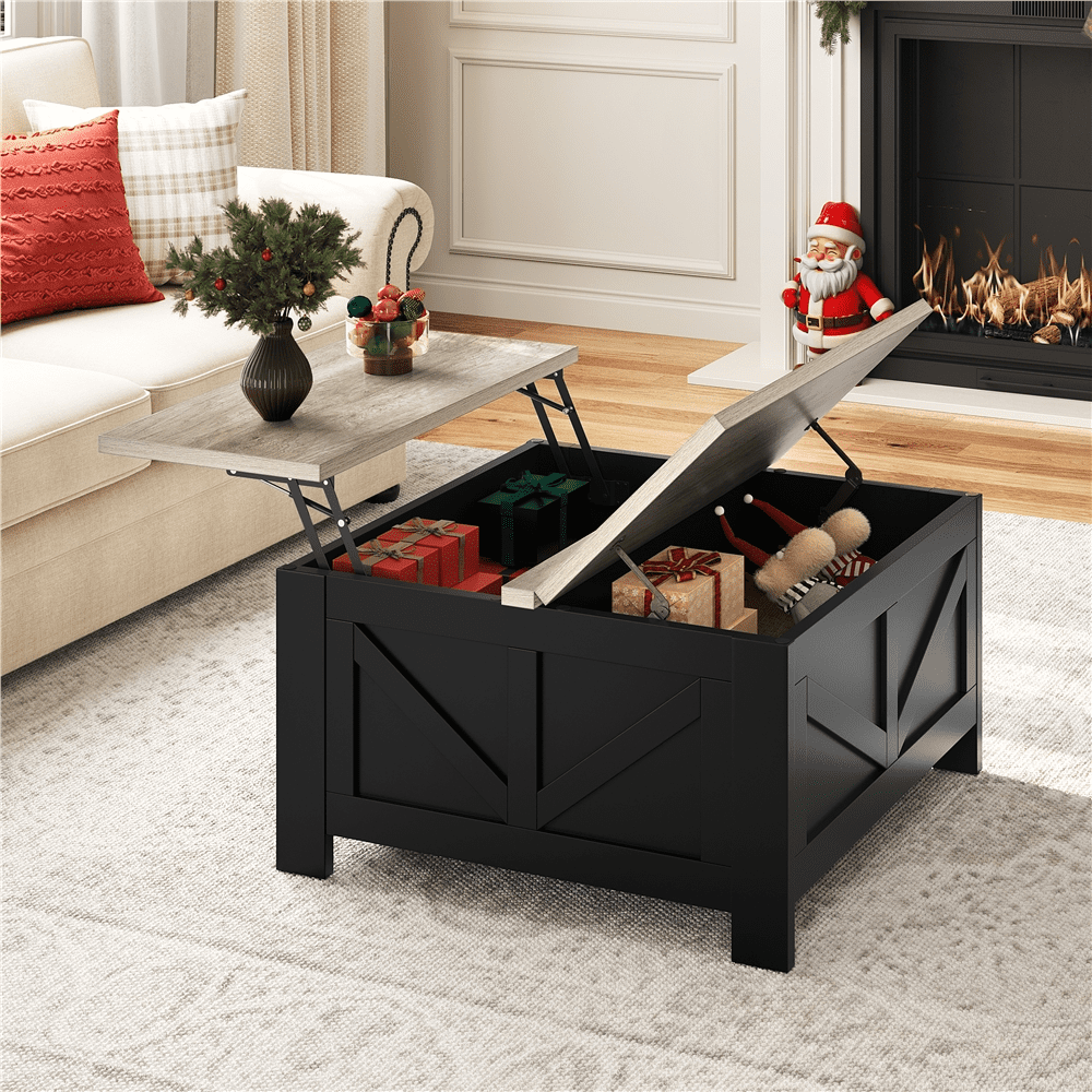 Alden Design Farmhouse Square Lift Top Coffee Table with Hidden Compartments, Black & Gray