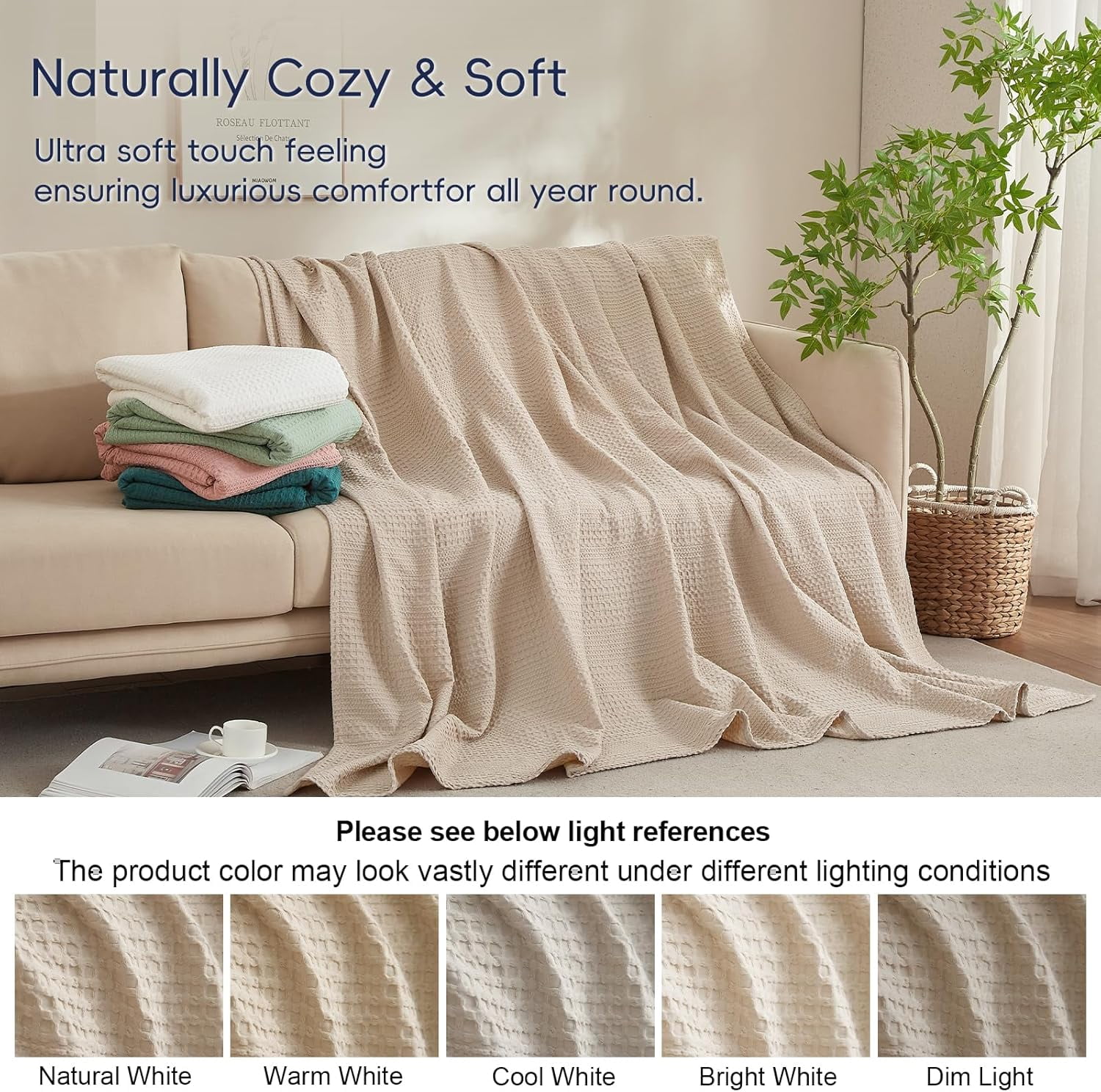 PHF Ultra Soft Waffle Weave Blanket Queen Size for Bed, Lightweight and Breathable Blanket, Perfect for Hot Sleepers, 90"x 90", Light Tan