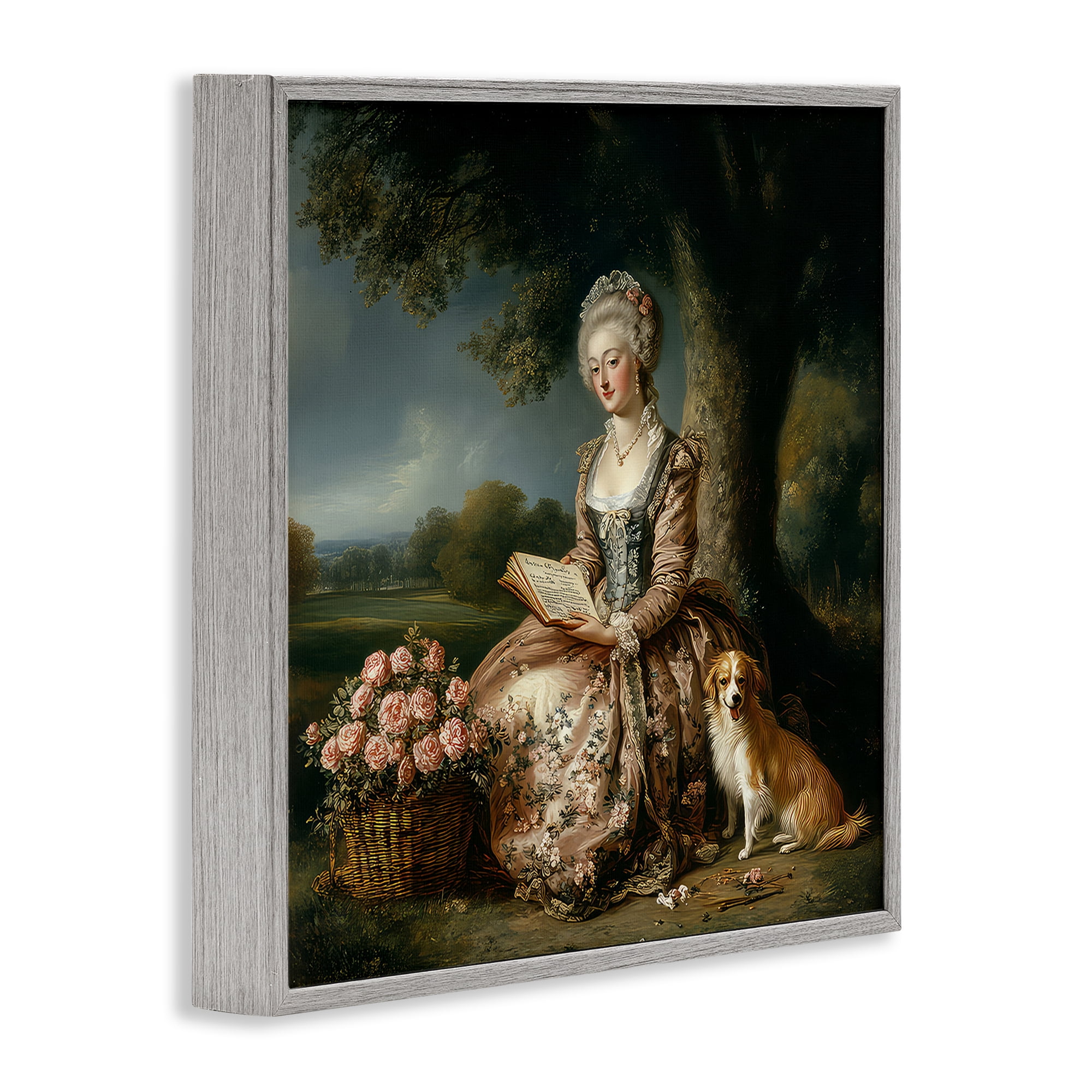 Stupell Industries Rococo Woman with Dog Gray Framed Giclee Art, design by The Wands Want